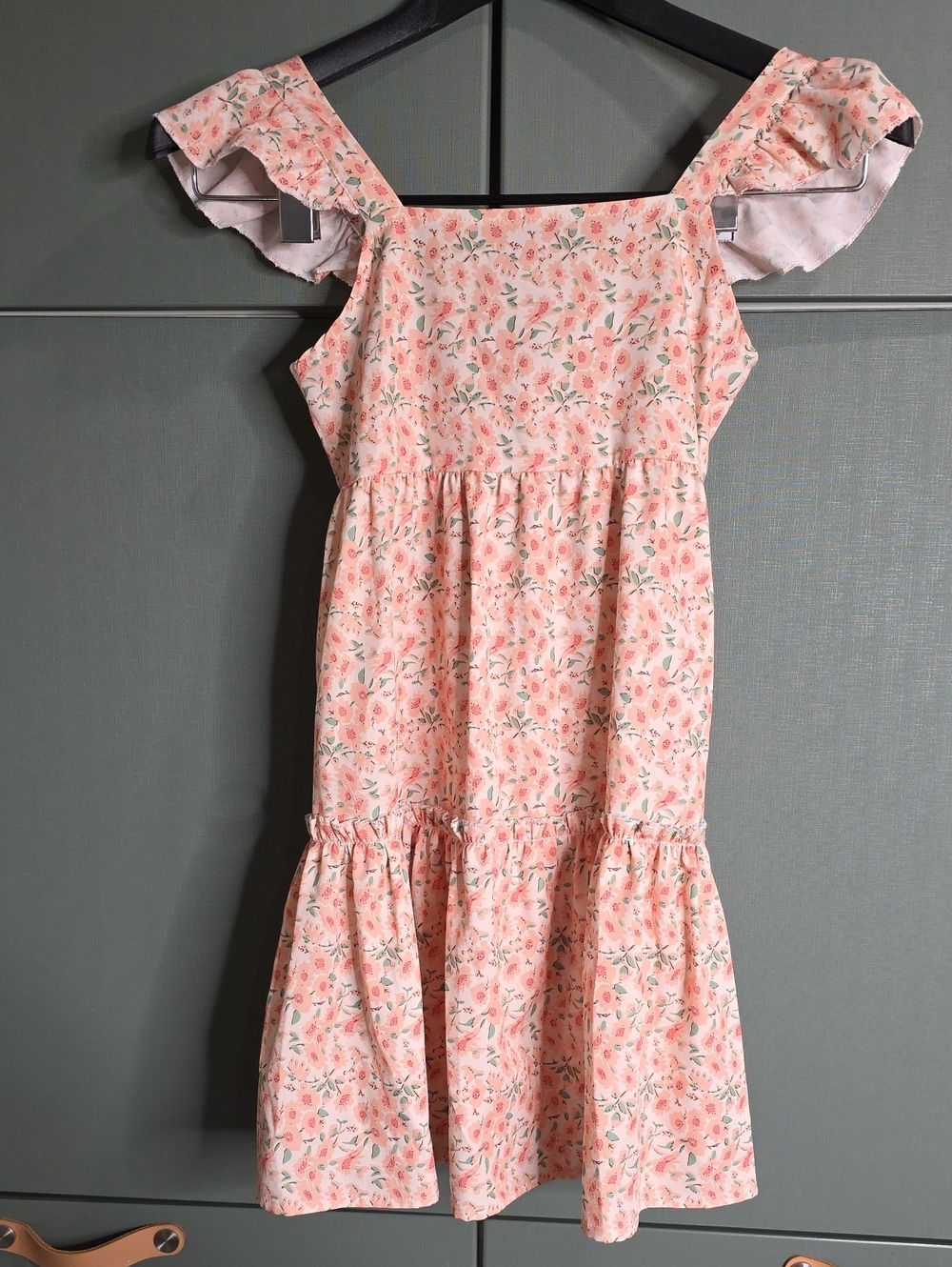876. Grace Karin Peach Pink Ditsy Floral Flutter Sleeve Tiered Dress - Size 7Y